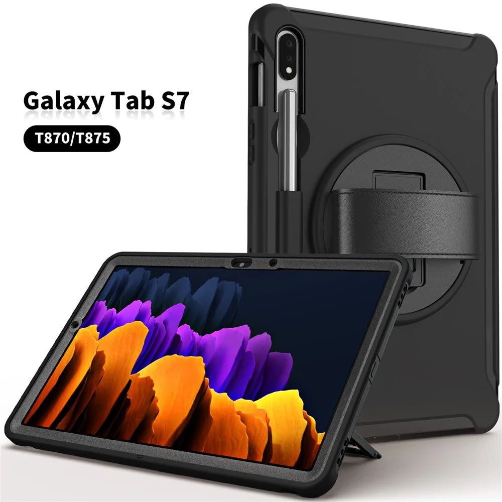 For Samsung Galaxy Tab S7 T870 T875 / S8 X700 / S9 X710 / S9 FE X510 360° Swivel Kickstand PC + TPU Tablet Case with Hand Strap - Black - 4