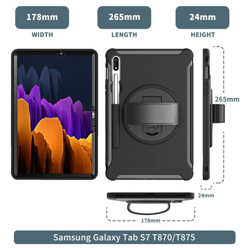 For Samsung Galaxy Tab S7 T870 T875 / S8 X700 / S9 X710 / S9 FE X510 360° Swivel Kickstand PC + TPU Tablet Case with Hand Strap - Black - 5