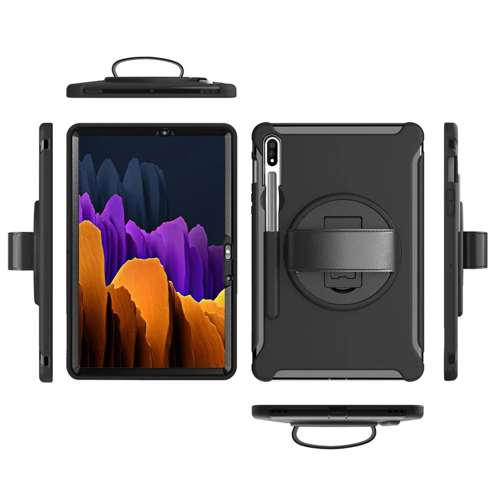 For Samsung Galaxy Tab S7 T870 T875 / S8 X700 / S9 X710 / S9 FE X510 360° Swivel Kickstand PC + TPU Tablet Case with Hand Strap - Black - 6