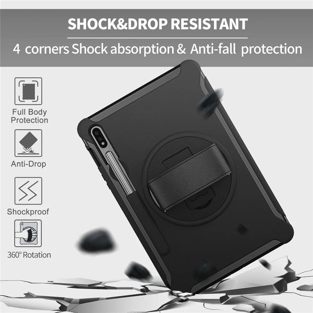 For Samsung Galaxy Tab S7 T870 T875 / S8 X700 / S9 X710 / S9 FE X510 360° Swivel Kickstand PC + TPU Tablet Case with Hand Strap - Black - 7