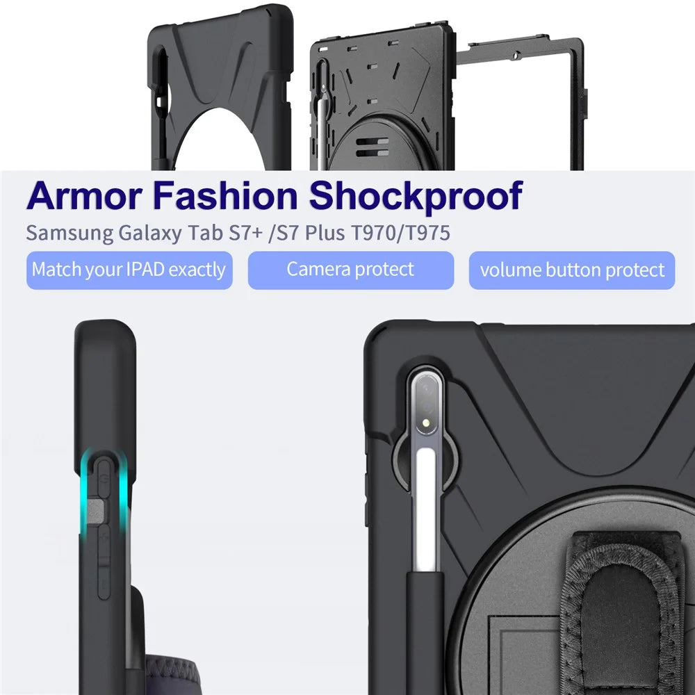 For Samsung Galaxy Tab S7+ / S8+ T970  / X800 / S7FE T730 / S9 + X810 / S9 FE+ X610 360° Swivel Kickstand PC + Silicone Tablet Case - Black - 7