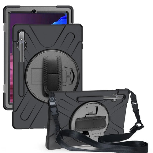 For Samsung Galaxy Tab S7+ / S8+ T970 / X800 / S7 FE T730 / S9+ X810 / S9 FE+ X610 Kickstand PC + Silicone Tablet Case with Shoulder Strap - Black - 1