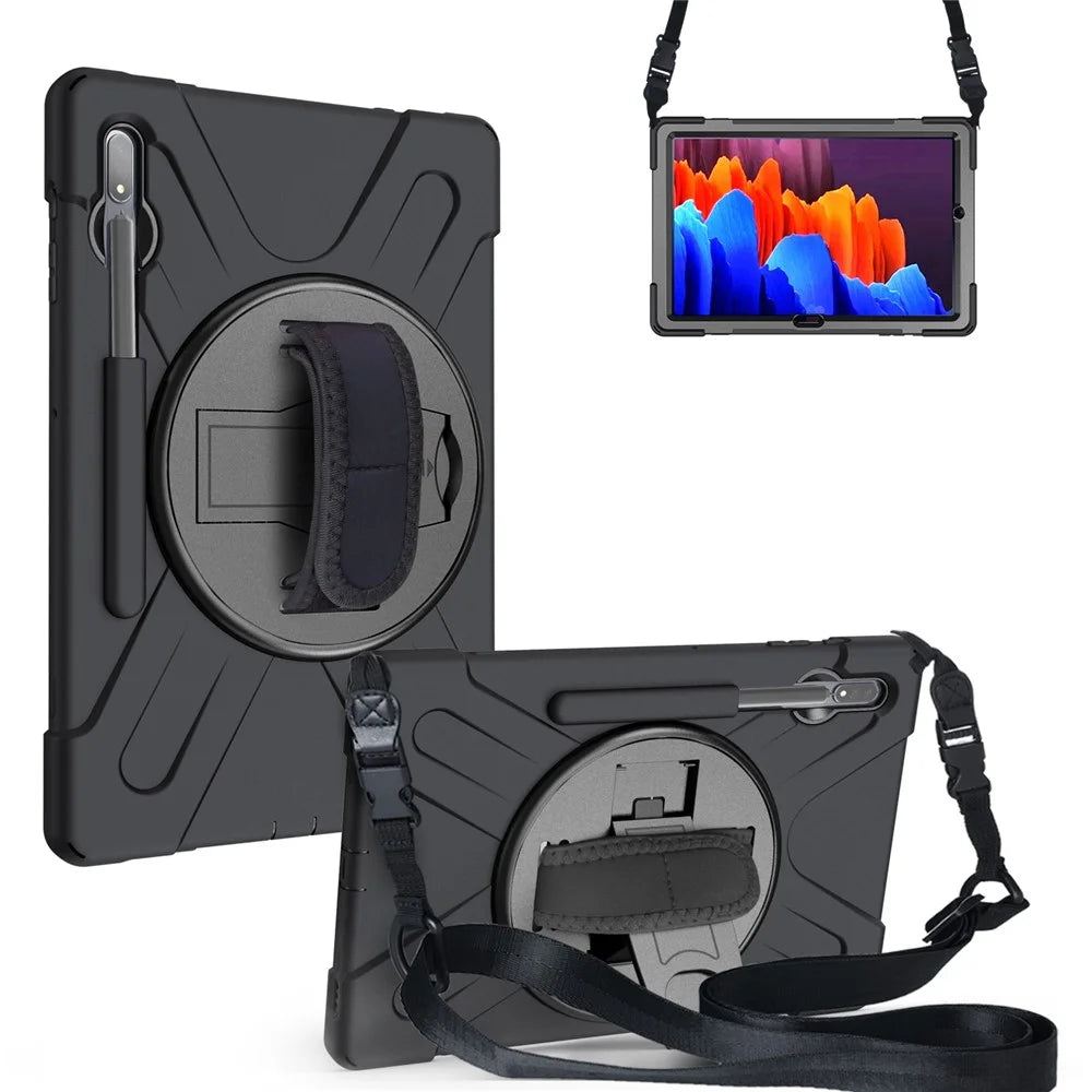 For Samsung Galaxy Tab S7+ / S8+ T970 / X800 / S7 FE T730 / S9+ X810 / S9 FE+ X610 Kickstand PC + Silicone Tablet Case with Shoulder Strap - Black - 2