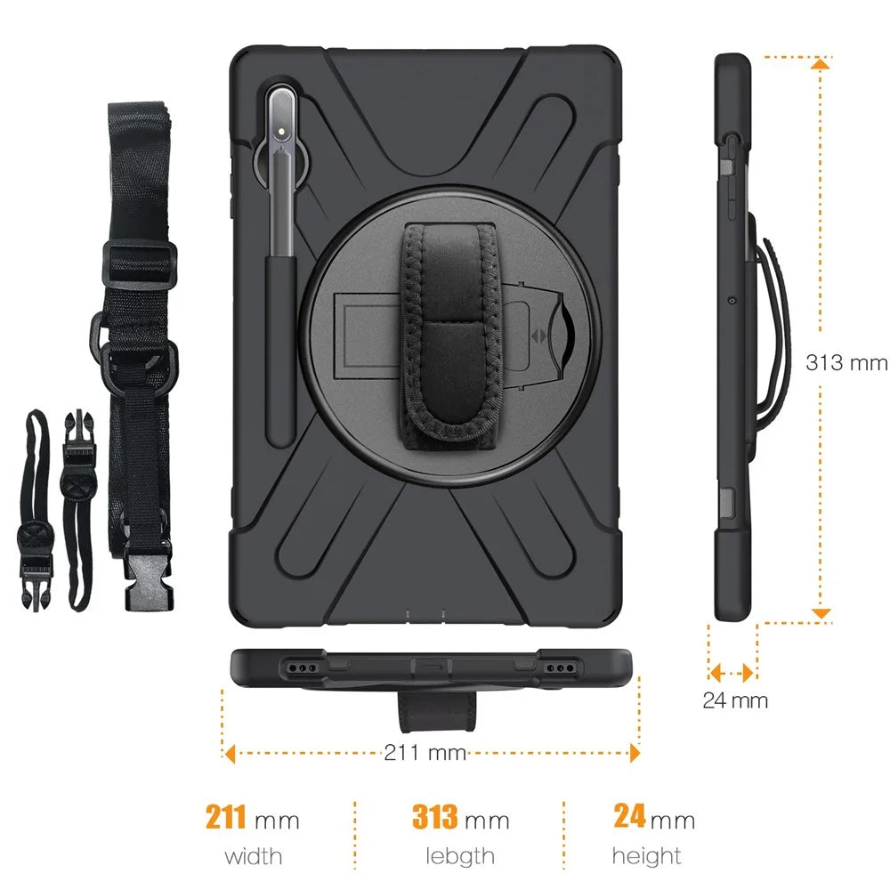For Samsung Galaxy Tab S7+ / S8+ T970 / X800 / S7 FE T730 / S9+ X810 / S9 FE+ X610 Kickstand PC + Silicone Tablet Case with Shoulder Strap - Black - 3