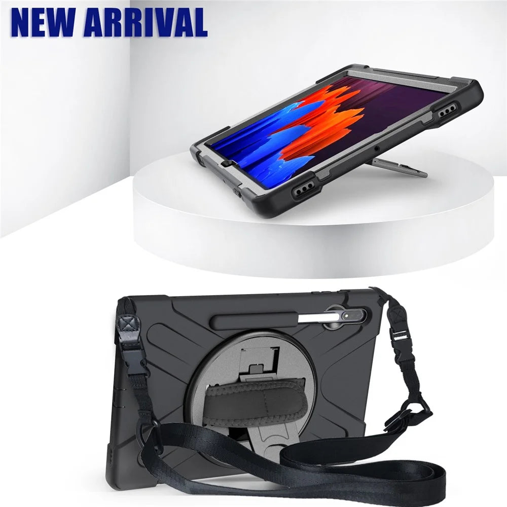 For Samsung Galaxy Tab S7+ / S8+ T970 / X800 / S7 FE T730 / S9+ X810 / S9 FE+ X610 Kickstand PC + Silicone Tablet Case with Shoulder Strap - Black - 5
