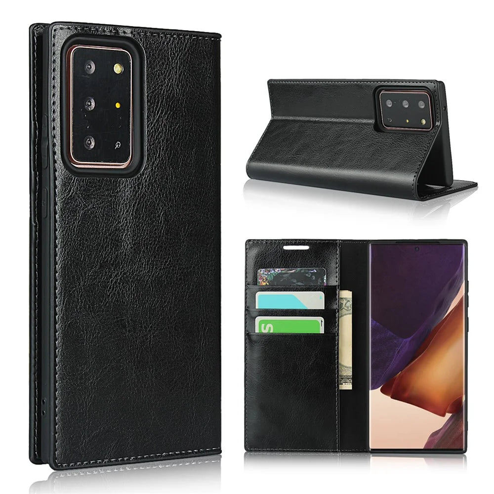 Crazy Horse Genuine Leather Wallet Cover Case for Samsung Galaxy Note20 Ultra/Note20 Ultra 5G - Black - 1