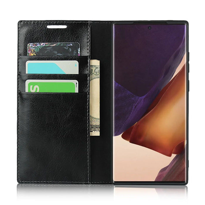 Crazy Horse Genuine Leather Wallet Cover Case for Samsung Galaxy Note20 Ultra/Note20 Ultra 5G - Black - 3