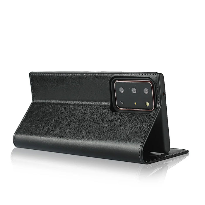 Crazy Horse Genuine Leather Wallet Cover Case for Samsung Galaxy Note20 Ultra/Note20 Ultra 5G - Black - 6