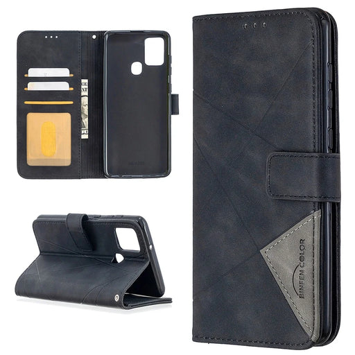 BINFEN COLOR For Samsung Galaxy A21s Phone Cases Wallet Stand Geometry Imprint Leather Cover - Black - 1