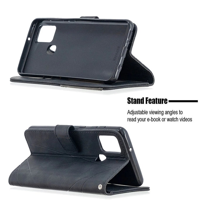 BINFEN COLOR For Samsung Galaxy A21s Phone Cases Wallet Stand Geometry Imprint Leather Cover - Black - 2