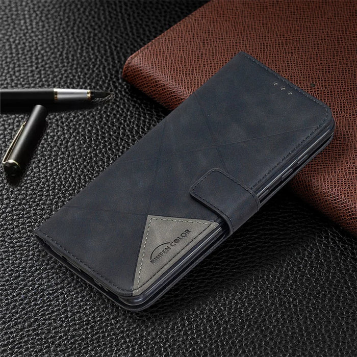 BINFEN COLOR For Samsung Galaxy A21s Phone Cases Wallet Stand Geometry Imprint Leather Cover - Black - 4