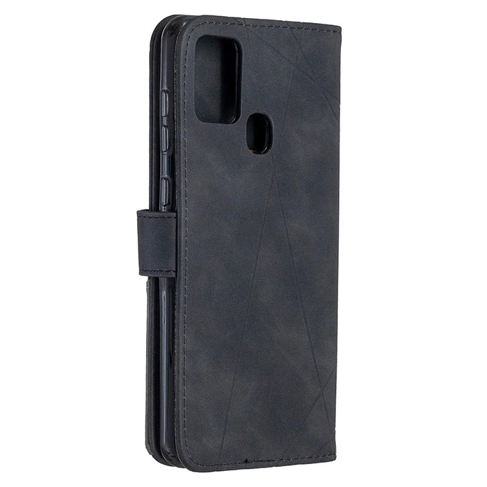 BINFEN COLOR For Samsung Galaxy A21s Phone Cases Wallet Stand Geometry Imprint Leather Cover - Black - 7
