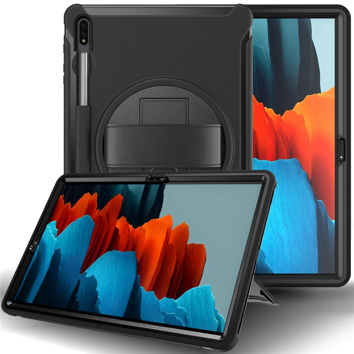 For Samsung Galaxy Tab S7+ / S8+ 360° Swivel Kickstand PC + TPU Tablet Case with Pen Slot and Hand Strap - Black - 1