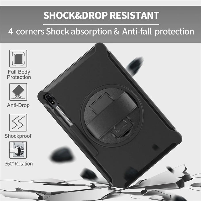 For Samsung Galaxy Tab S7+ / S8+ 360° Swivel Kickstand PC + TPU Tablet Case with Pen Slot and Hand Strap - Black - 2