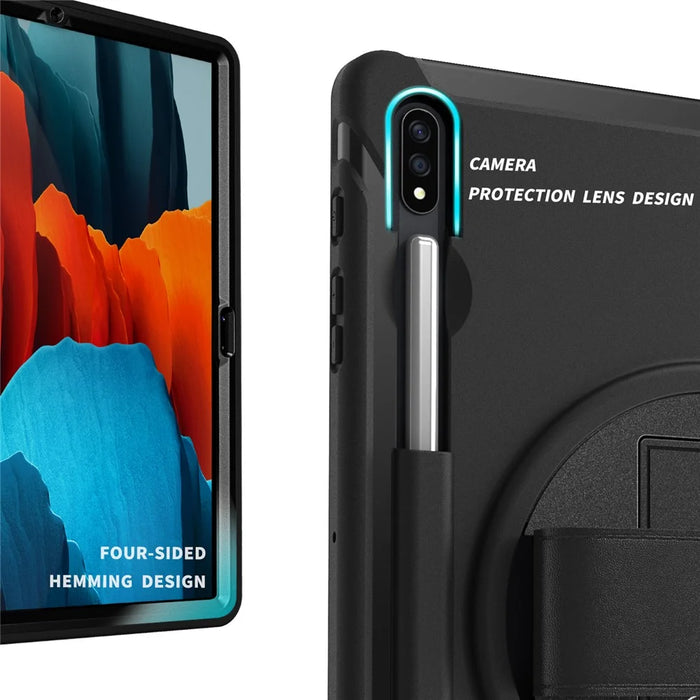 For Samsung Galaxy Tab S7+ / S8+ 360° Swivel Kickstand PC + TPU Tablet Case with Pen Slot and Hand Strap - Black - 5