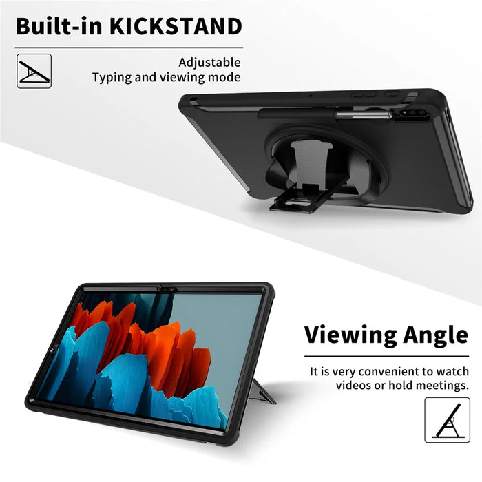 For Samsung Galaxy Tab S7+ / S8+ 360° Swivel Kickstand PC + TPU Tablet Case with Pen Slot and Hand Strap - Black - 7