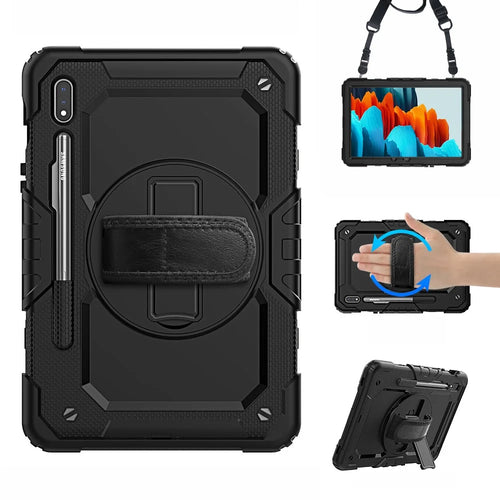 For Samsung Galaxy Tab S7 / S8 [Built-in Hand Holder Strap] 360° Swivel Kickstand PC + Silicone Tablet Hybrid Shell with Shoulder Strap and Pen Slot - All Black - 1