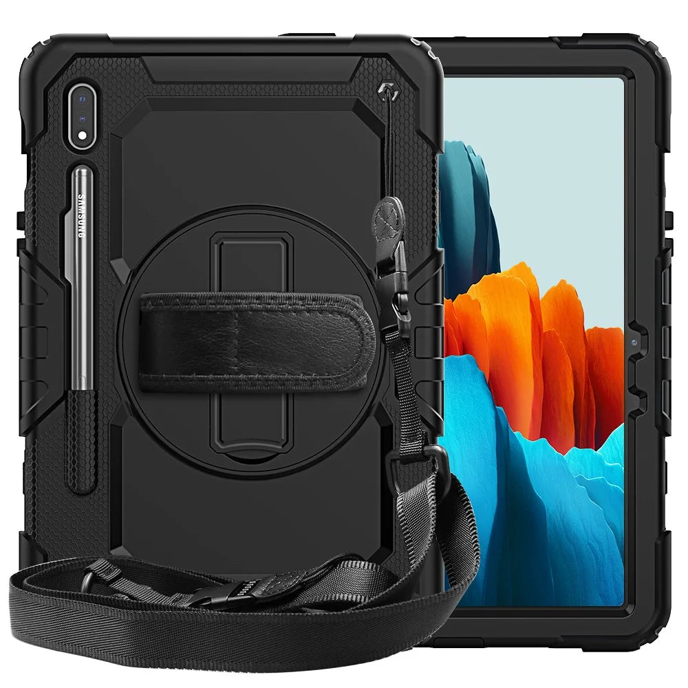 For Samsung Galaxy Tab S7 / S8 [Built-in Hand Holder Strap] 360° Swivel Kickstand PC + Silicone Tablet Hybrid Shell with Shoulder Strap and Pen Slot - All Black - 2