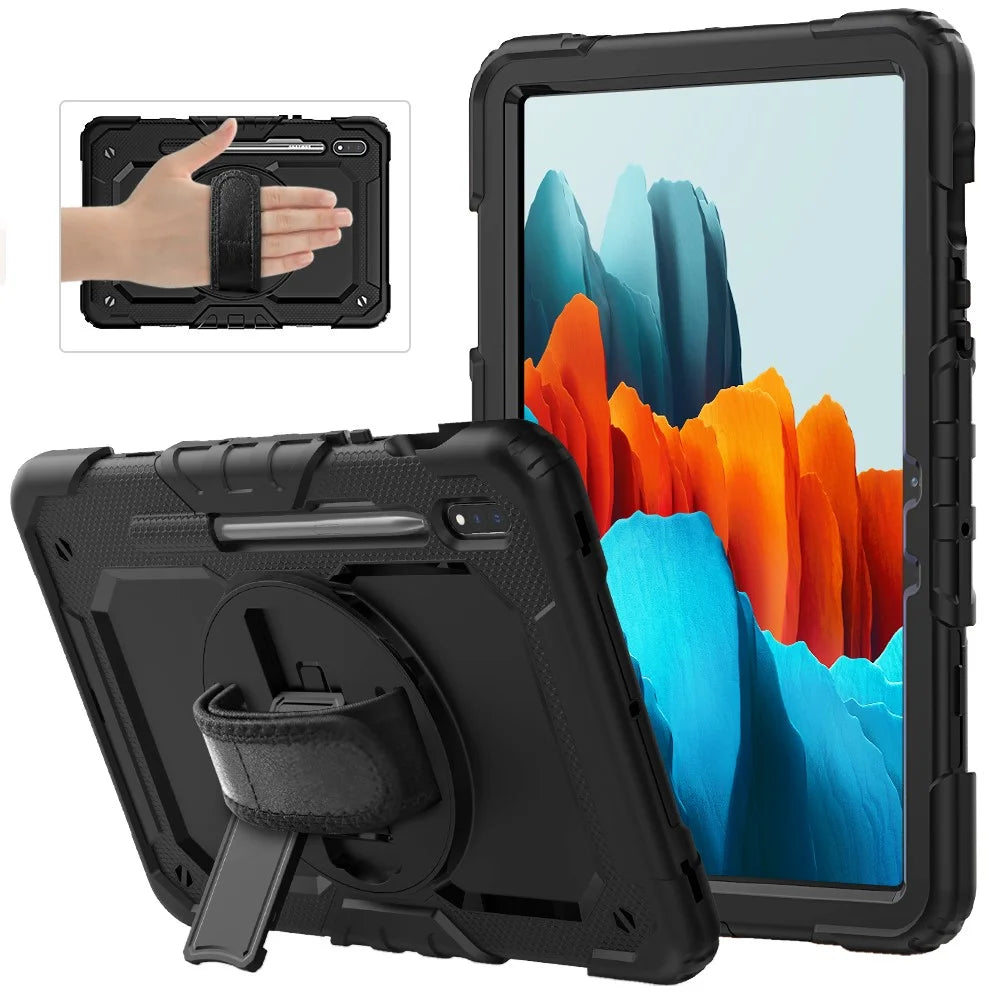 For Samsung Galaxy Tab S7 / S8 [Built-in Hand Holder Strap] 360° Swivel Kickstand PC + Silicone Tablet Hybrid Shell with Shoulder Strap and Pen Slot - All Black - 3