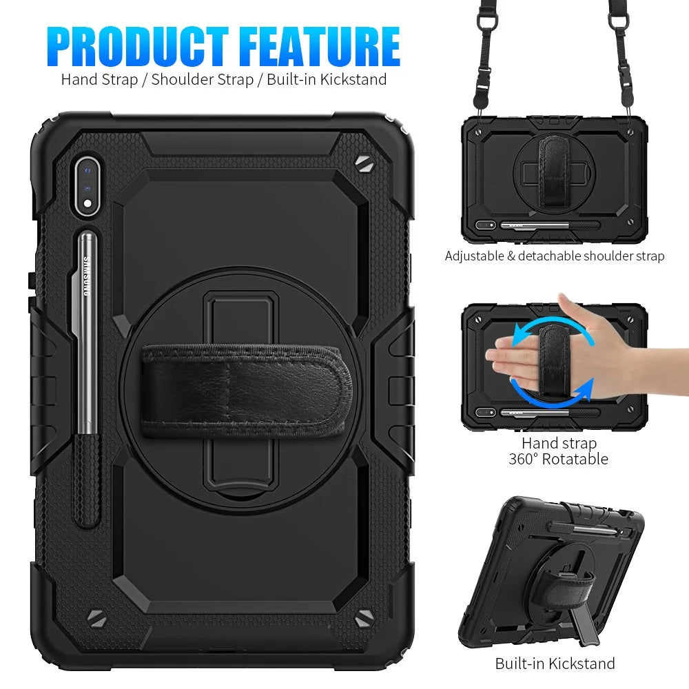 For Samsung Galaxy Tab S7 / S8 [Built-in Hand Holder Strap] 360° Swivel Kickstand PC + Silicone Tablet Hybrid Shell with Shoulder Strap and Pen Slot - All Black - 4