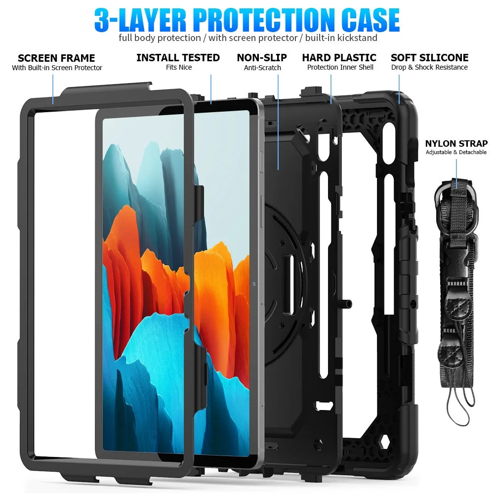 For Samsung Galaxy Tab S7 / S8 [Built-in Hand Holder Strap] 360° Swivel Kickstand PC + Silicone Tablet Hybrid Shell with Shoulder Strap and Pen Slot - All Black - 5