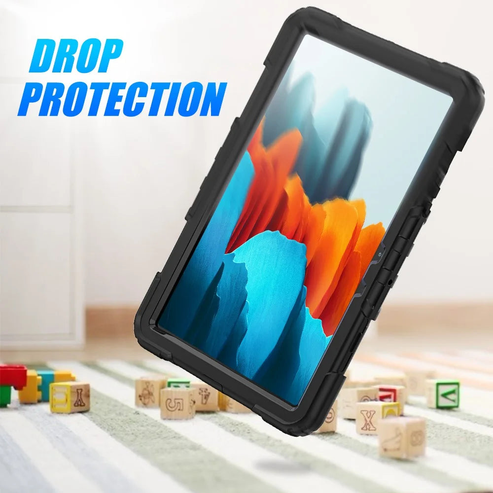 For Samsung Galaxy Tab S7 / S8 [Built-in Hand Holder Strap] 360° Swivel Kickstand PC + Silicone Tablet Hybrid Shell with Shoulder Strap and Pen Slot - All Black - 6