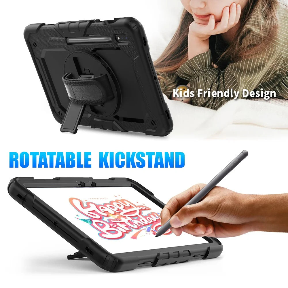 For Samsung Galaxy Tab S7 / S8 [Built-in Hand Holder Strap] 360° Swivel Kickstand PC + Silicone Tablet Hybrid Shell with Shoulder Strap and Pen Slot - All Black - 7