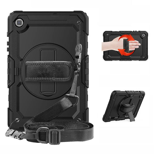 For Samsung Galaxy Tab S6 Lite P610 / P615 / S6 Lite (2022) Rotary Kickstand Hand Strap PC + Thickened Silicone Tablet Case with Shoulder Strap - All Black - 1