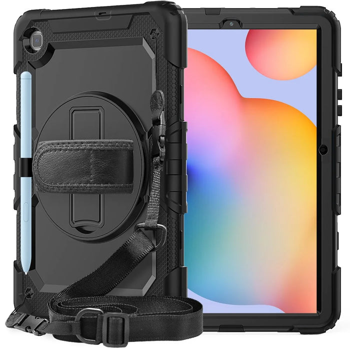 For Samsung Galaxy Tab S6 Lite P610 / P615 / S6 Lite (2022) Rotary Kickstand Hand Strap PC + Thickened Silicone Tablet Case with Shoulder Strap - All Black - 2