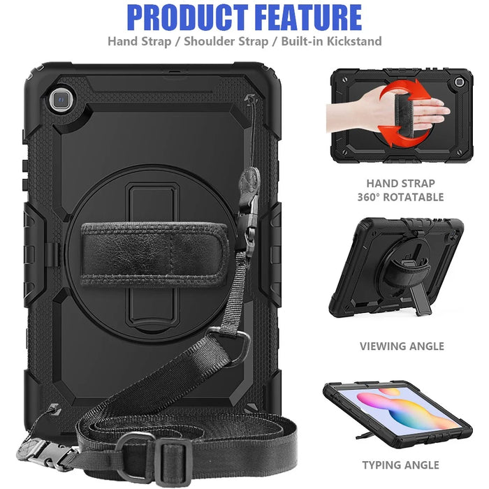 For Samsung Galaxy Tab S6 Lite P610 / P615 / S6 Lite (2022) Rotary Kickstand Hand Strap PC + Thickened Silicone Tablet Case with Shoulder Strap - All Black - 4