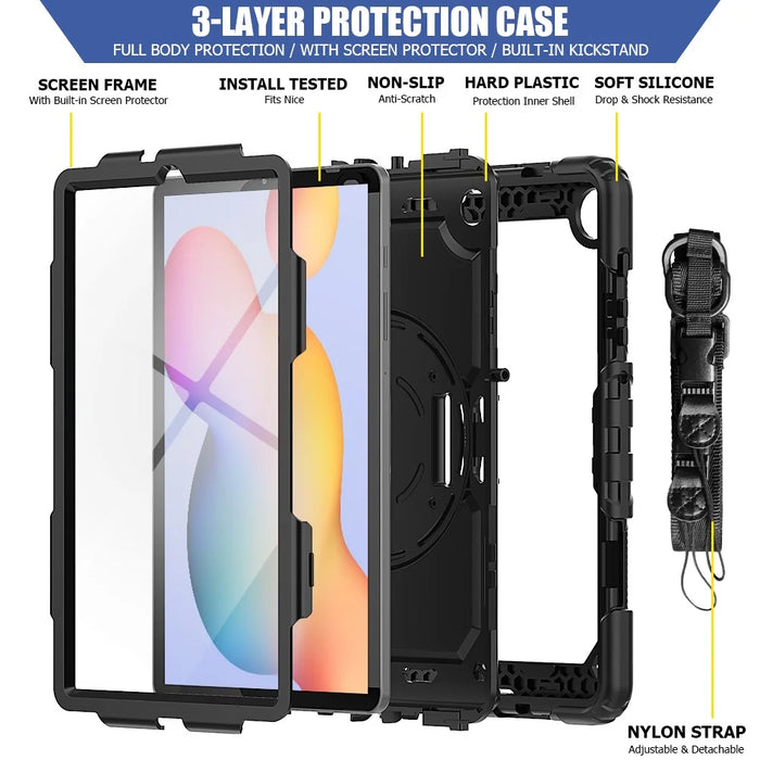 For Samsung Galaxy Tab S6 Lite P610 / P615 / S6 Lite (2022) Rotary Kickstand Hand Strap PC + Thickened Silicone Tablet Case with Shoulder Strap - All Black - 5