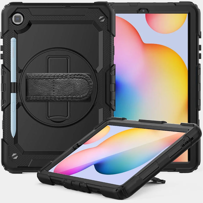 For Samsung Galaxy Tab S6 Lite P610 / P615 / S6 Lite (2022) Rotary Kickstand Hand Strap PC + Thickened Silicone Tablet Case with Shoulder Strap - All Black - 6