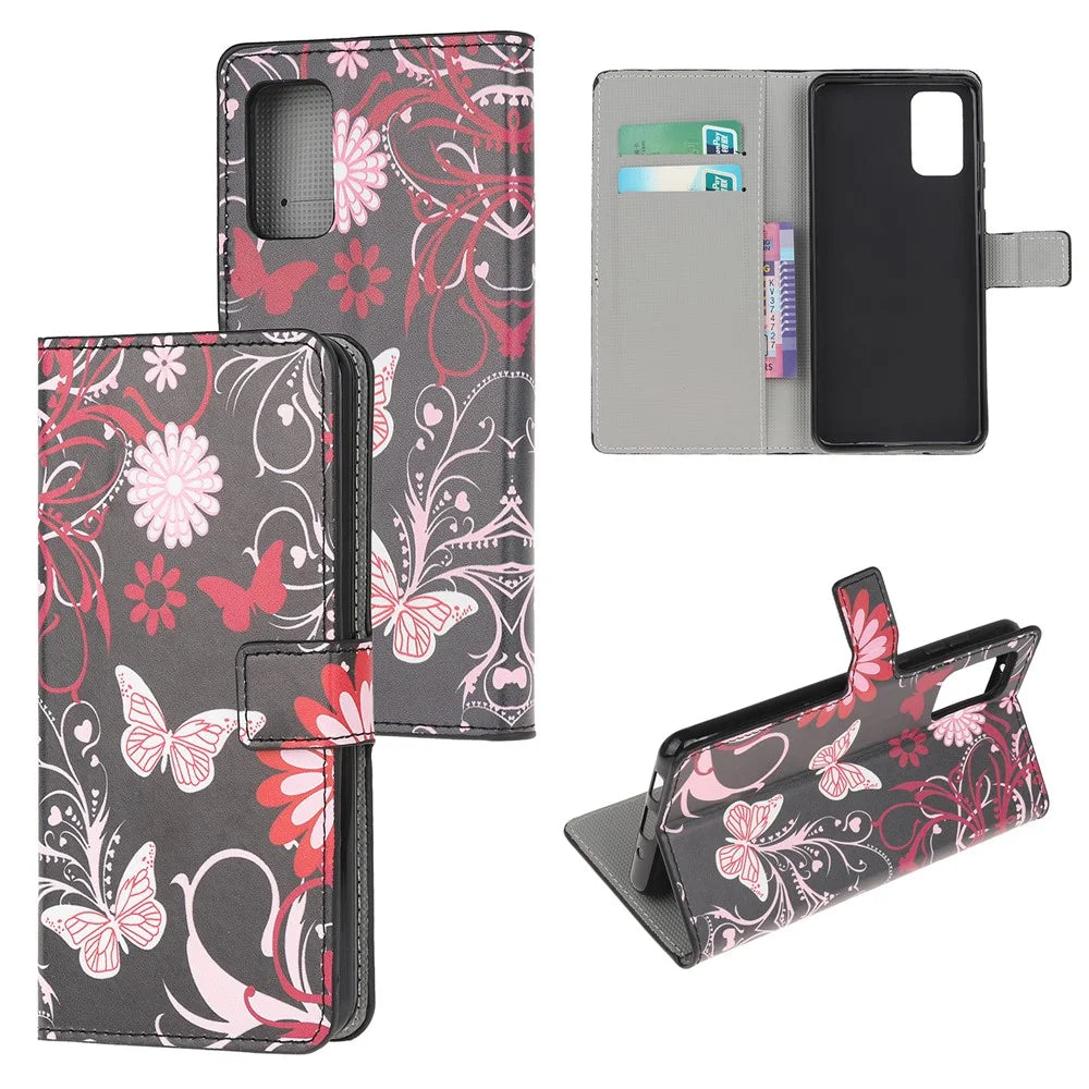 Phone Cover Pattern Printing Wallet Leather Case for Samsung Galaxy S20 Lite/S20 Fan Edition - Butterfly and Flower - 1
