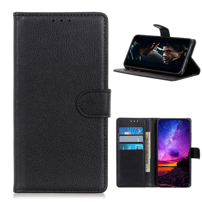 Litchi Skin Texture Wallet Leather Stand Protective Case for Samsung Galaxy A42 5G - Black - 1