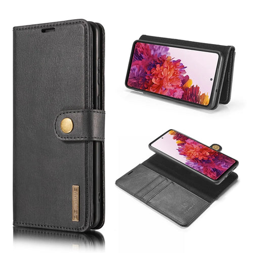 DG.MING Detachable 2-in-1 Split Leather Wallet Shell + PC Back Case for Samsung Galaxy S20 FE 4G / 5G / S20 Lite / S20 FE 2022 - Black - 1