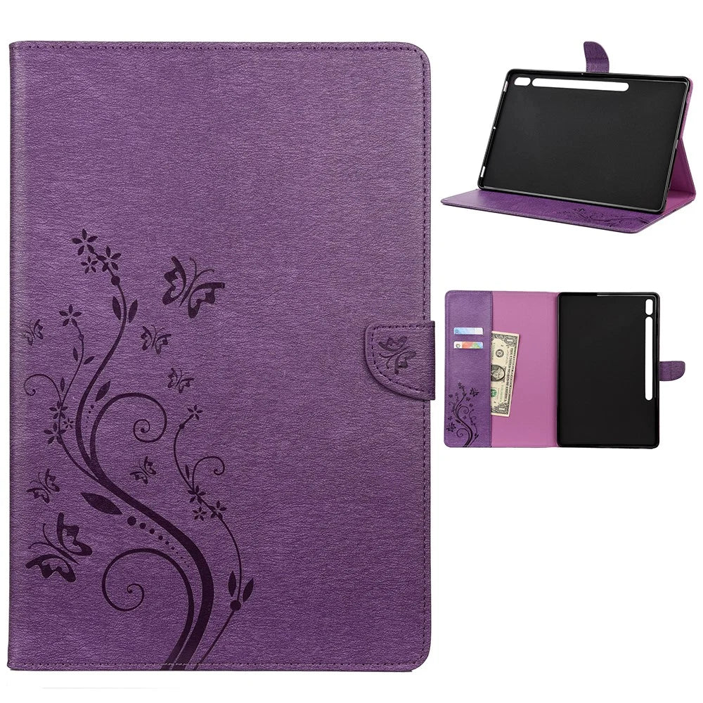 Butterflies Imprint Wallet Stand Flip Leather Tablet Cover for Samsung Galaxy Tab S7+ / T970 / S8+ - Purple - 1