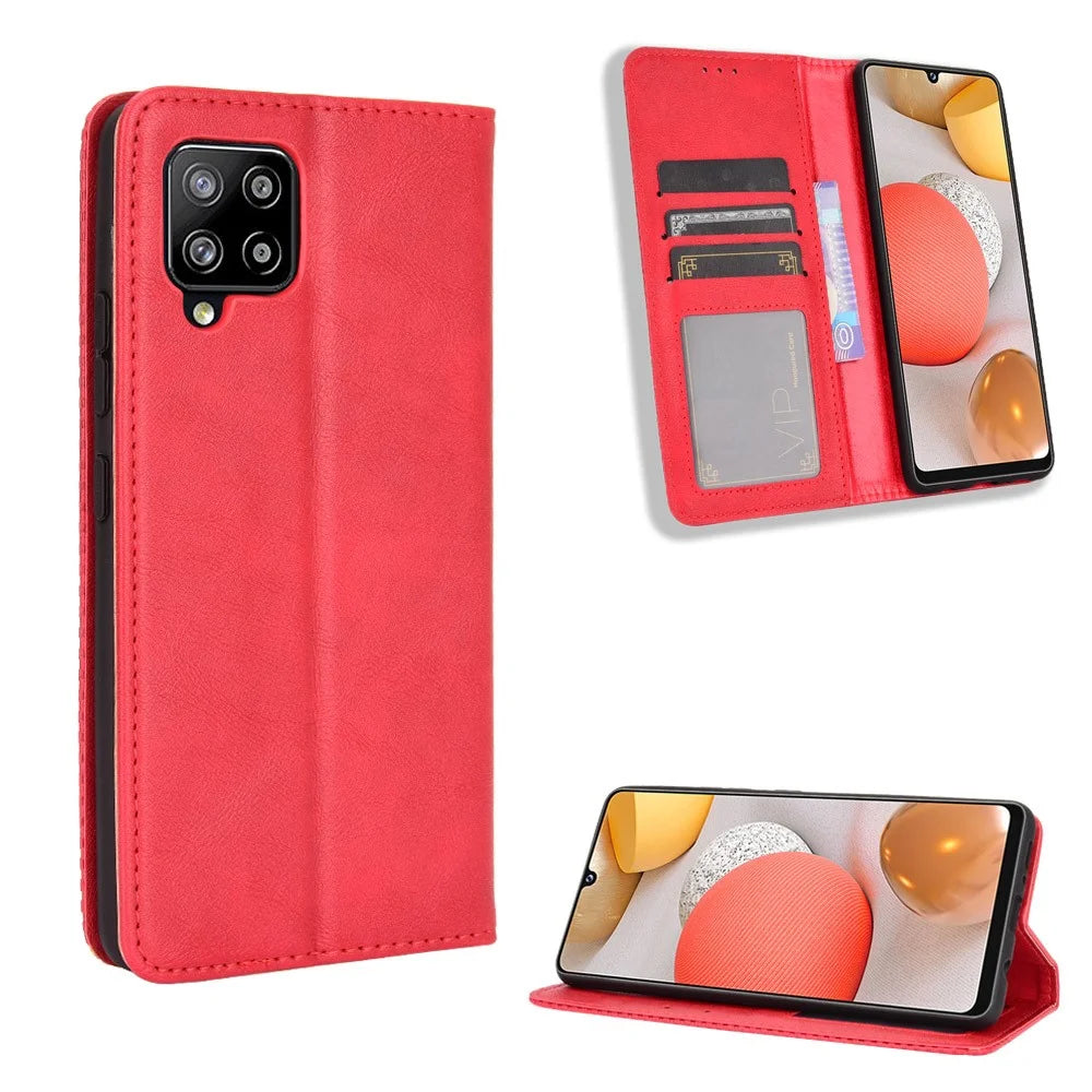 Vintage Style Wallet Stand Leather Phone Cover for Samsung Galaxy A42 5G - Red - 1