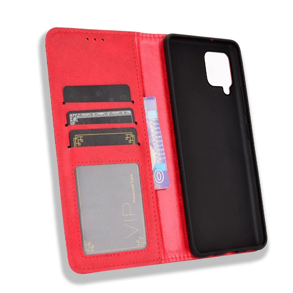 Vintage Style Wallet Stand Leather Phone Cover for Samsung Galaxy A42 5G - Red - 3