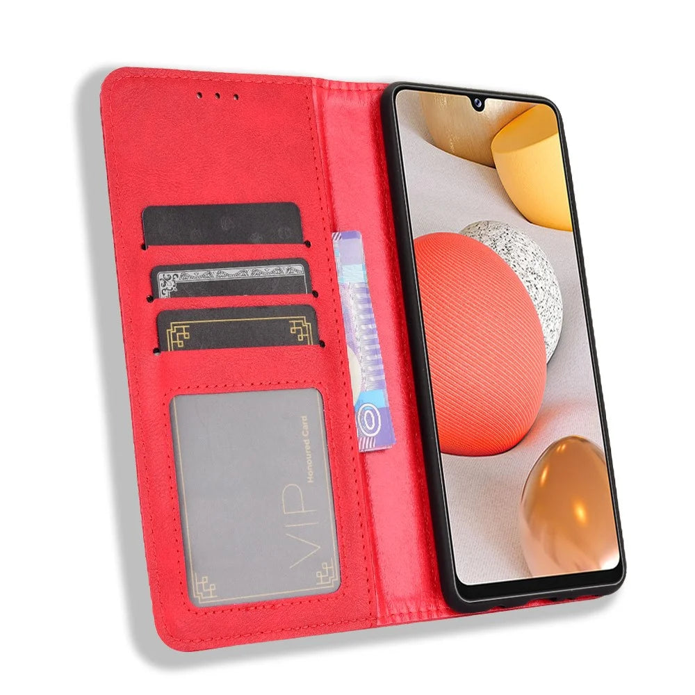 Vintage Style Wallet Stand Leather Phone Cover for Samsung Galaxy A42 5G - Red - 4