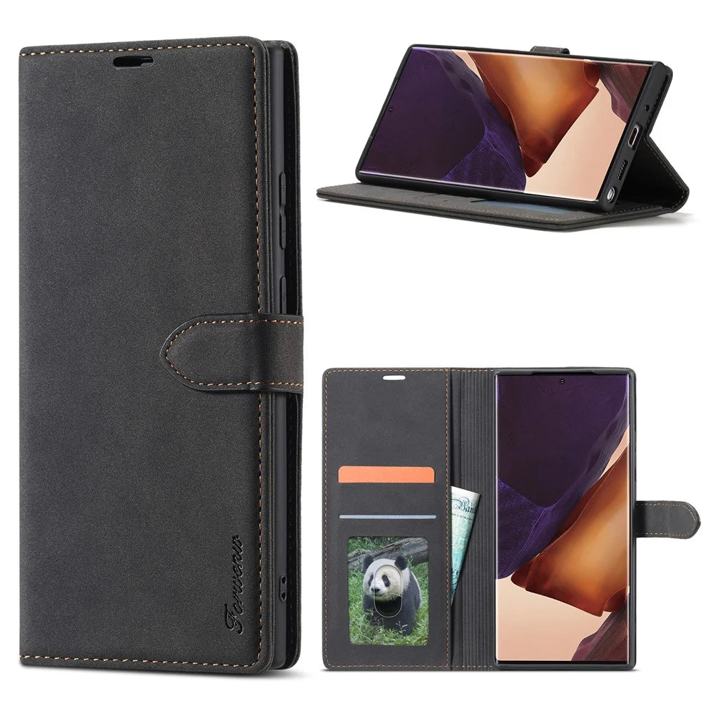 FORWENW F1 Series Leather Wallet Stand Cover Case for Samsung Galaxy Note20 4G/5G - Black - 1