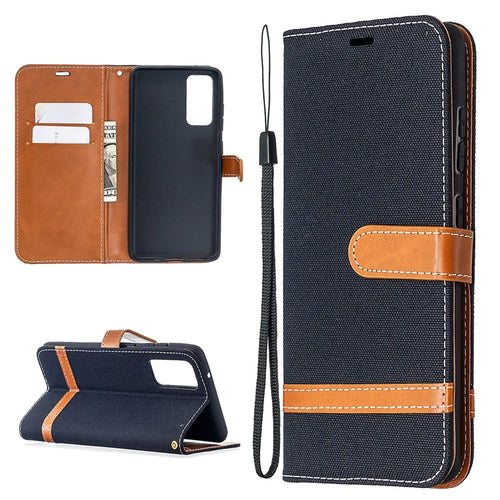 Color Splicing Jeans Cloth Skin Wallet Leather Phone Cover Case for Samsung Galaxy S20 FE 4G/FE 5G/S20 Lite/S20 FE 2022 - Black - 1