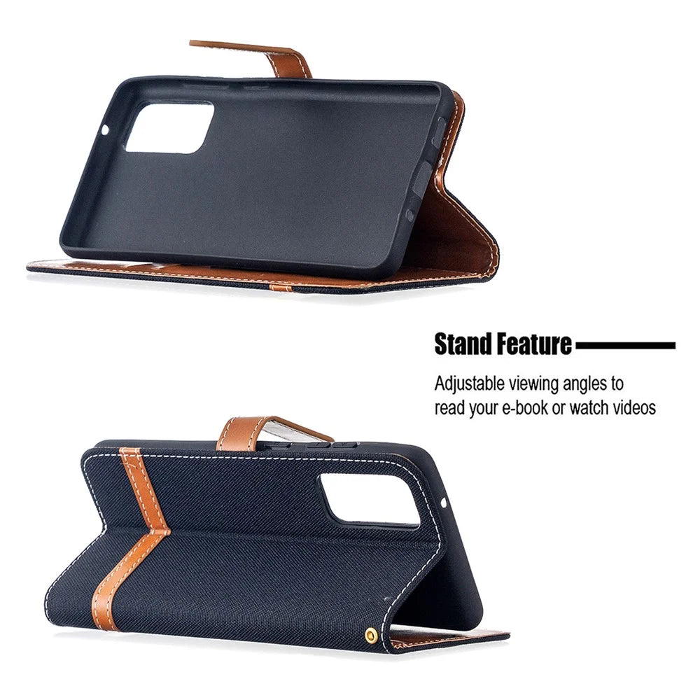 Color Splicing Jeans Cloth Skin Wallet Leather Phone Cover Case for Samsung Galaxy S20 FE 4G/FE 5G/S20 Lite/S20 FE 2022 - Black - 5