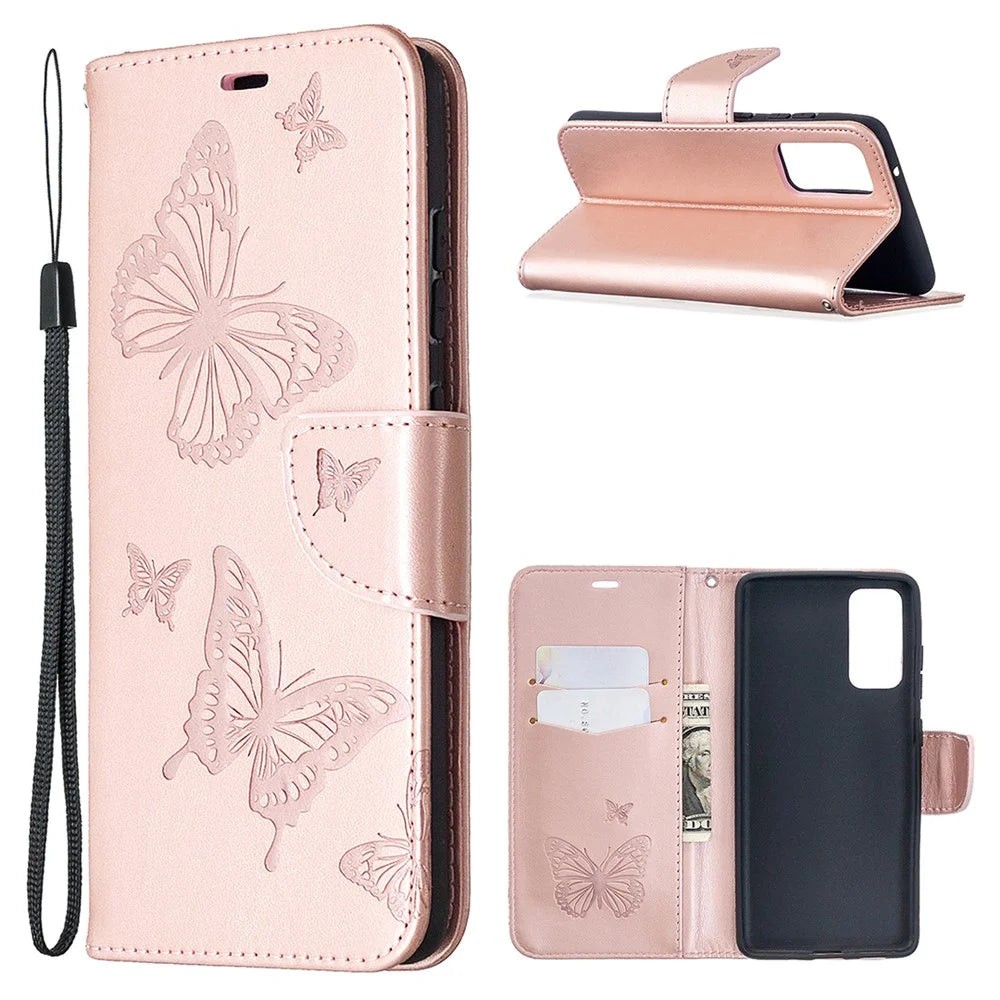 Imprint Butterflies with Wallet Leather Cover for Samsung Galaxy S20 FE 4G / FE 5G / S20 Lite / S20 FE 2022 - Rose Gold - 1