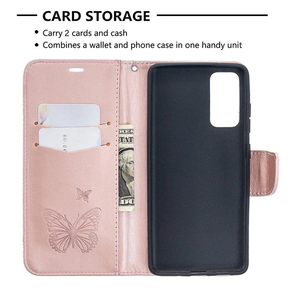 Imprint Butterflies with Wallet Leather Cover for Samsung Galaxy S20 FE 4G / FE 5G / S20 Lite / S20 FE 2022 - Rose Gold - 6