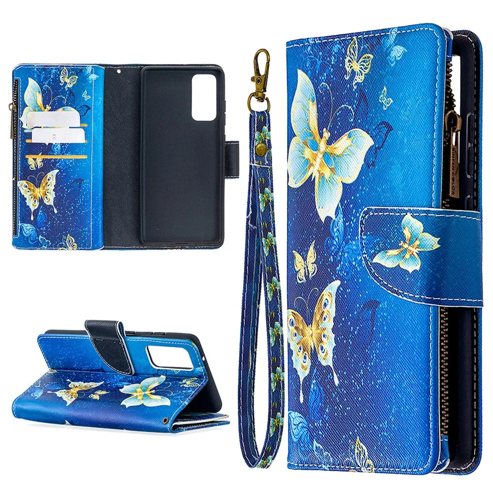 Pattern Printing Case Wallet Stand Leather Cover Protector for Samsung Galaxy S20 FE 4G / FE 5G / S20 Lite / S20 FE 2022 - Blue Butterfly - 1