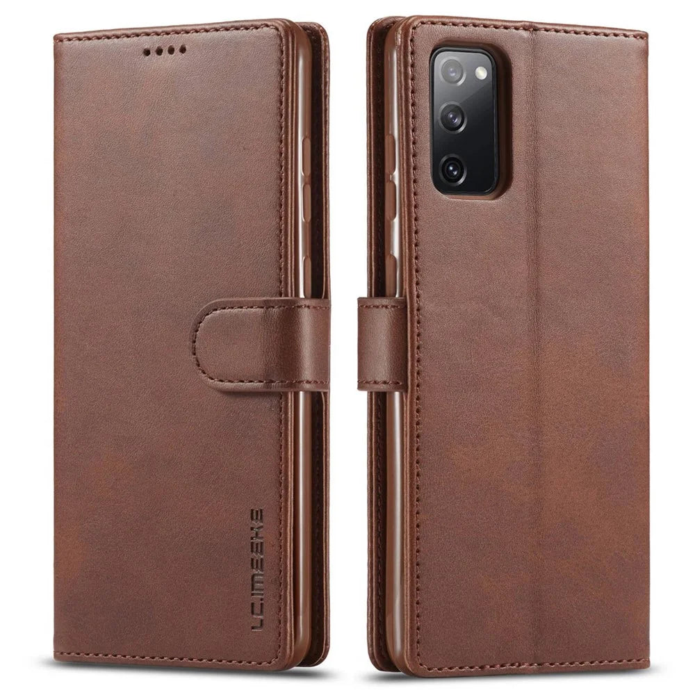 LC.IMEEKE Leather Wallet Stand Case with Reserved Front Cutout for Samsung Galaxy S20 FE 4G/FE 5G/S20 Lite/S20 FE 2022 - Coffee - 1