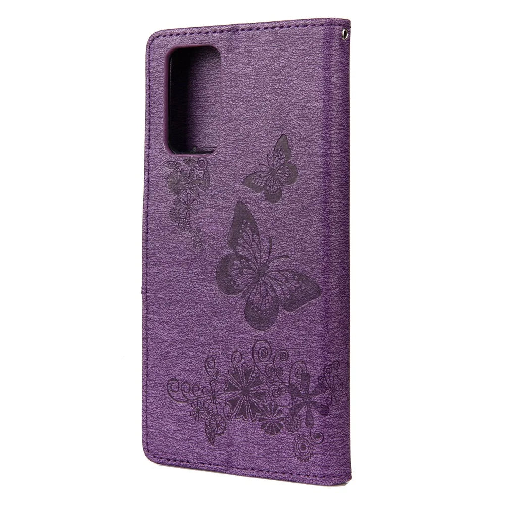 Imprint Butterflies Flower Wallet Stand Leather Case for Samsung Galaxy S20 FE 4G/FE 5G/S20 Lite/S20 FE 2022 - Purple - 3