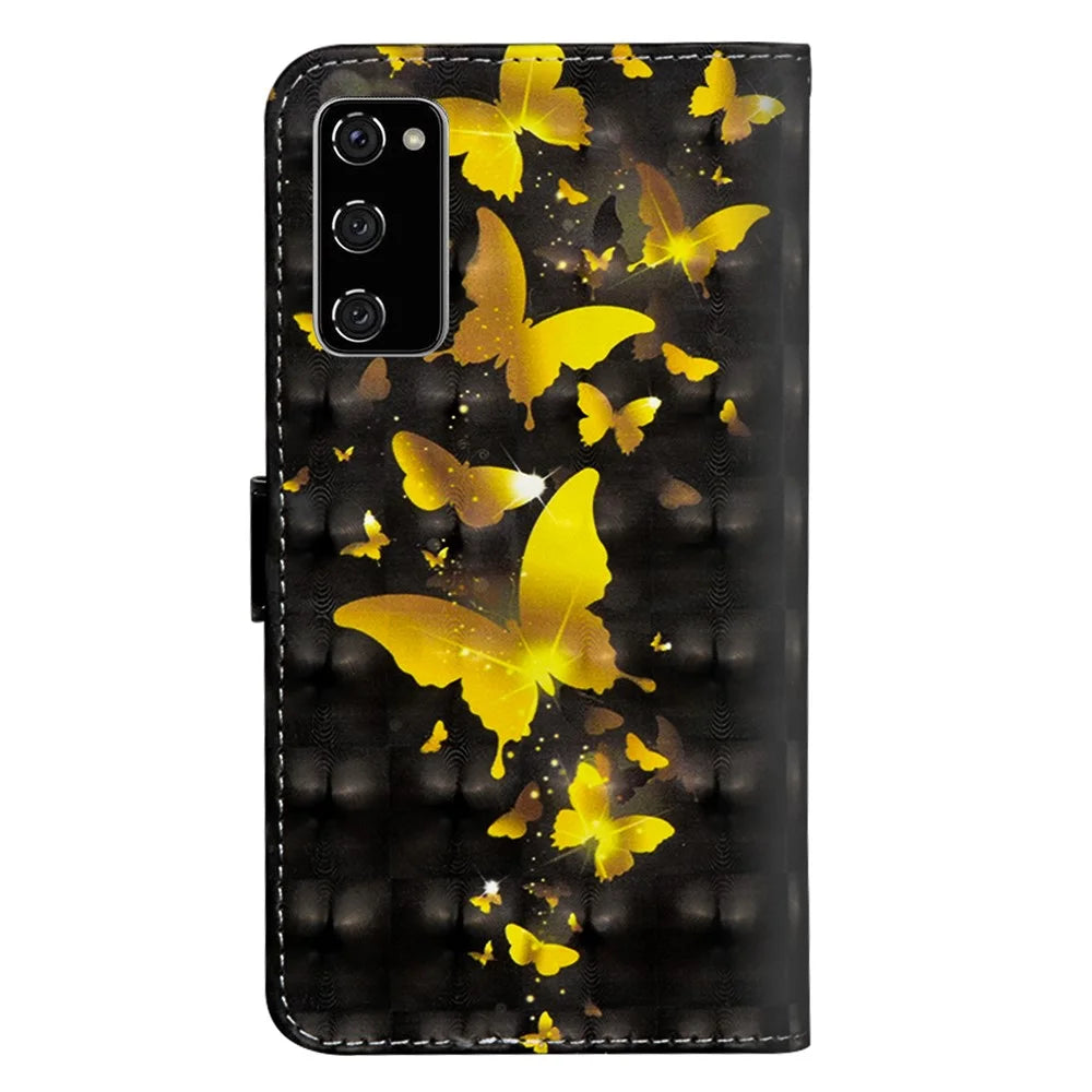 Light Spot Decor Pattern Printing Wallet Stand Leather Shell with Strap for Samsung Galaxy S20 FE 4G/FE 5G/S20 Lite/S20 FE 2022 - Gold Butterfly - 3