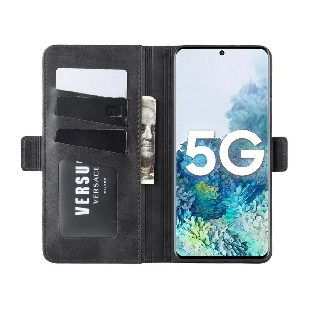 Double Clasp Flip Leather Shell for Samsung Galaxy S20 FE 4G / FE 5G / S20 Lite / S20 FE 2022 with Wallet Stand Design - Black - 2