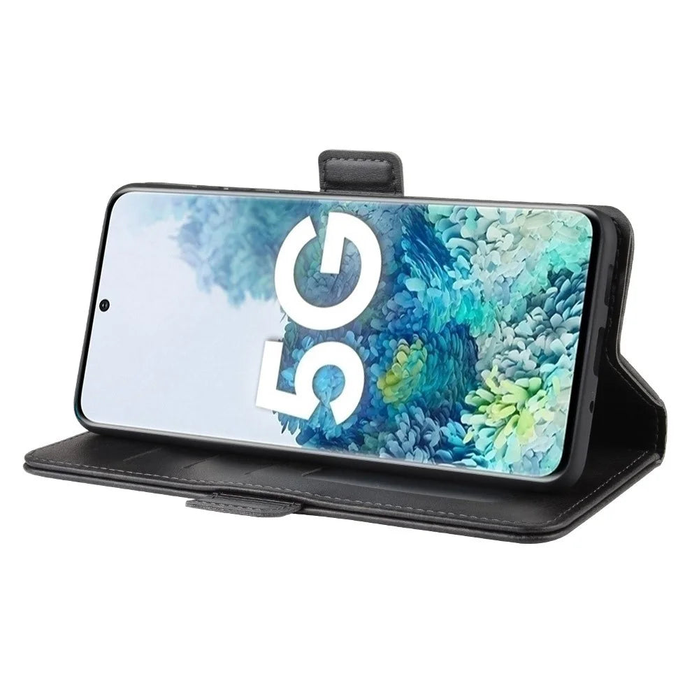 Double Clasp Flip Leather Shell for Samsung Galaxy S20 FE 4G / FE 5G / S20 Lite / S20 FE 2022 with Wallet Stand Design - Black - 3